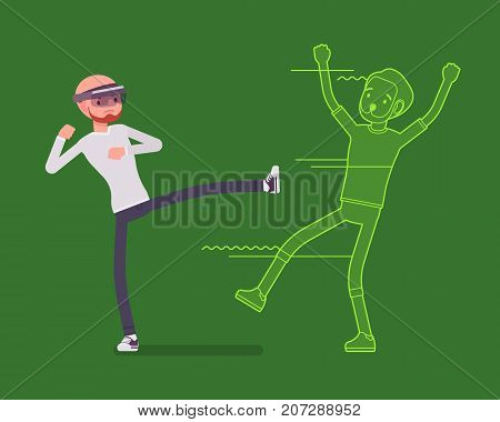 Augmented reality man fighting. Real kicking, engage in a martial arts fight, sport experience, cyber interaction with champion. AR and entertainment concept. Vector flat style cartoon illustration