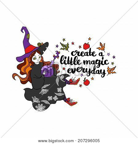 Create a little magic everyday. Witch. Star Print. Apples. Autumn leaves. Lettering. Isolated vector objects on white background.