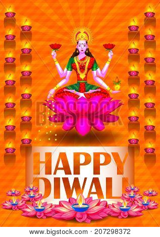 Indian Goddess Lakshmi on Lotus on Happy Diwali night celebrating holiday of India. Vector illustration