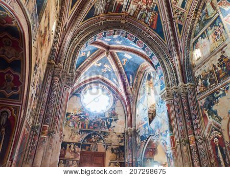 Galatina, Italy - August, 15. 2017. Frescoes in the nave of Basilica Santa Caterina of Alessandria. Galatina, Puglia, Italy.