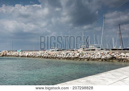 CHALKIDIKI, CENTRAL MACEDONIA, GREECE - AUGUST 25, 2014:  Panoramic view of port of Nikiti at Sithonia peninsula, Chalkidiki, Central Macedonia, Greece