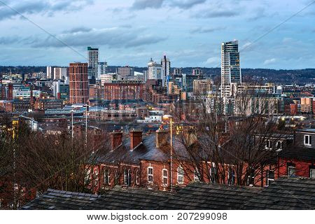 View of Skyscrapers Houses and Leeds city Under a Cloudy Sky