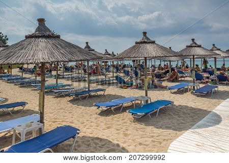 CHALKIDIKI, CENTRAL MACEDONIA, GREECE - AUGUST 25, 2014: Seascape of Kalogria beach at Sithonia peninsula, Chalkidiki, Central Macedonia, Greece