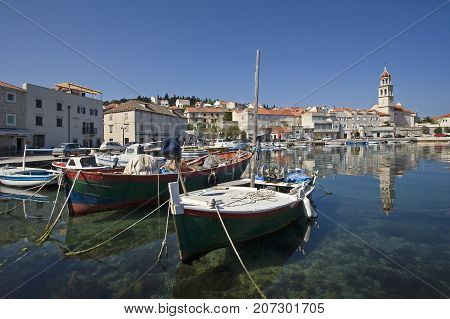 Old wooden fishing boats in the Port of Sutivan on Brac Island Croatia