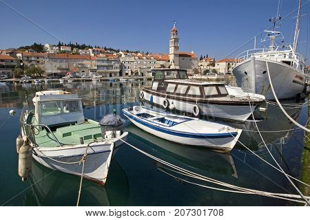 Old wooden fishing boats in the Port of Sutivan on Brac Island Croatia