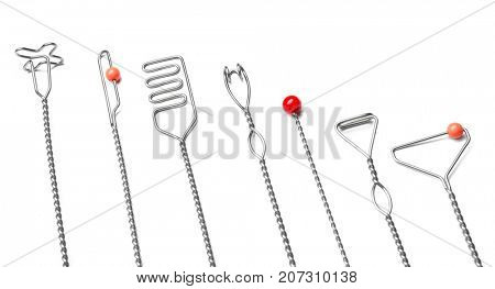 Set of instruments for speech therapist on white background