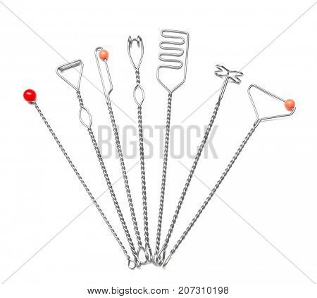 Set of instruments for speech therapist on white background