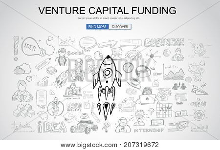 Venture Capital Funding concept with Business Doodle design style: raise money, campain best practice, series A crowd fund. Modern style illustration for web banners, brochure and flyers.