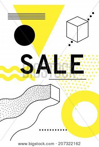 Universal trend poster with bright bold geometric yellow elements, chaotic composition in restrained sustained tempered style. Easy editable clipping mask. Magazine, leaflet, ad, typography, print