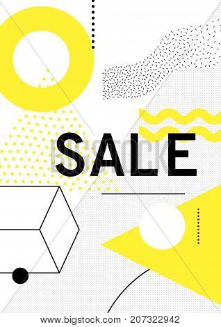 Universal trend poster with bright bold geometric yellow elements, chaotic composition in restrained sustained tempered style. Easy editable clipping mask. Magazine, leaflet, ad, typography, print