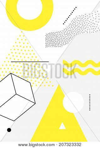 Universal trend poster with bright bold geometric yellow elements, chaotic composition in restrained sustained tempered style. Easy editable clipping mask. Magazine, leaflet, ad, typography, print