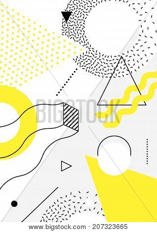 Universal trend poster with bright bold geometric yellow elements, chaotic composition in restrained sustained tempered style. Easy editable clipping mask. Magazine, leaflet, ad, typography, print