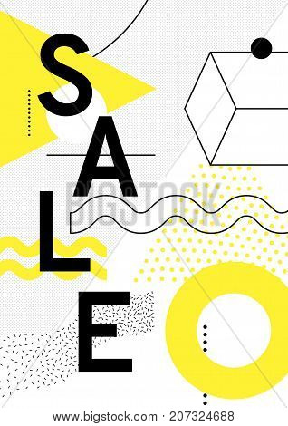Universal trend poster with bright bold geometric yellow elements, chaotic composition in restrained sustained tempered style. Easy editable clipping mask. Magazine, leaflet, ad, typography, print
