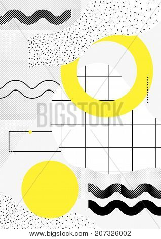 Universal trend poster with bright bold geometric yellow elements, chaotic composition in restrained sustained tempered style. Easy editable clipping mask. Magazine, leaflet, ad, typography, print