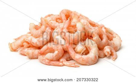 Pile of boiled peeled  shrimps isolated on white