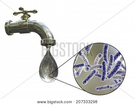 Safety of drinking water concept, 3D illustration showing tap with dirty water and close-up view of water-borne microbes