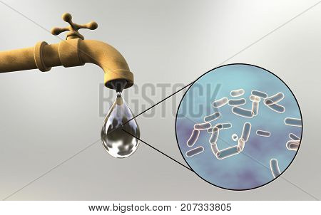 Safety of drinking water concept, 3D illustration showing old tap with dirty water and close-up view of water-borne microbes