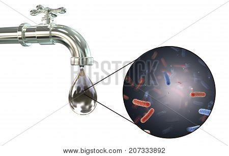 Safety of drinking water concept, 3D illustration showing old tap with dirty water and close-up view of water-borne microbes