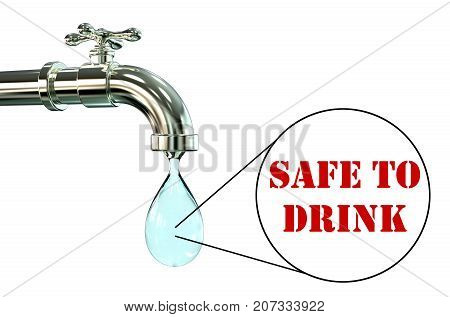 Safety of drinking water concept, 3D illustration showing tap with clear water and view under microscope with words safe to drink