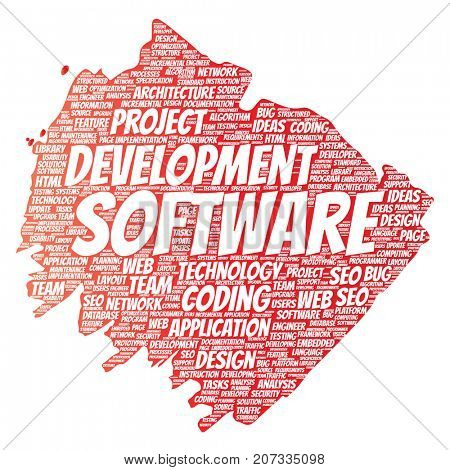 Conceptual software development project coding technology paint brush word cloud isolated background. Collage of application web design, seo ideas, implementation, testing upgrade concept