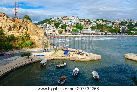 ULCINJ MONTENEGRO - SEPTEMBER 9. 2017: Top view on promenade and beach in popular resort town of Ulcinj Montenegro