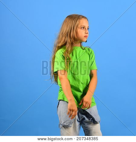 Child Looks Like Hip Hop Star Wearing Casual Clothes.
