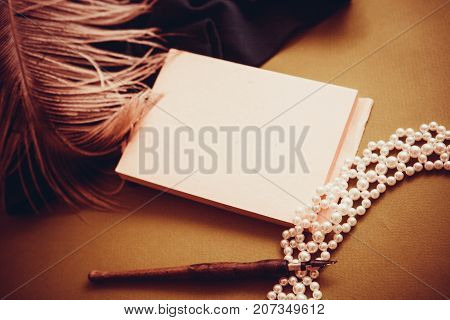 rerto background with drapery and notebook with copy space