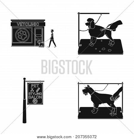 Visiting a vet clinic, a signboard of a stylish salon for a pet, a haircut of dogs. Vet clinic and pet, dog care set collection icons in black style vector symbol stock illustration .