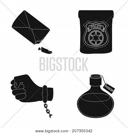 The detective's badge, the handcuff on the criminal's hand, the stump of the finger in the bag, the flask with the poison. Crime and detective set collection icons in black style vector symbol stock illustration .