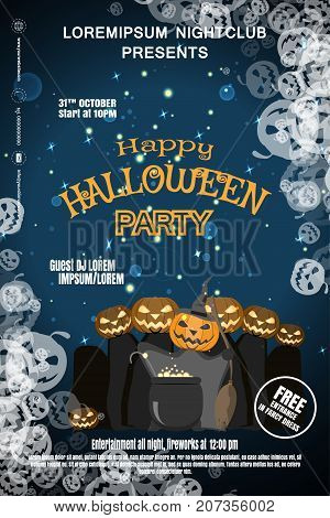 Vector poster for Halloween party night with witch's broom magic cauldron with sparkles bat group of pumpkins text on the gradient dark blue background with silhouettes of pumpkin.