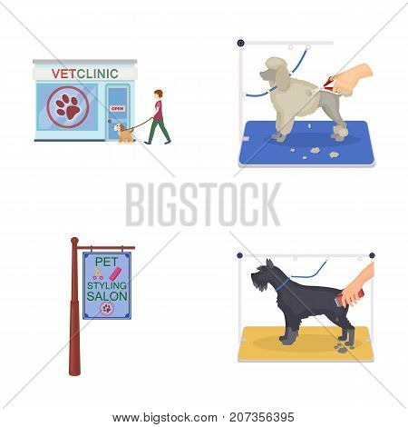 Visiting a vet clinic, a signboard of a stylish salon for a pet, a haircut of dogs. Vet clinic and pet, dog care set collection icons in cartoon style vector symbol stock illustration .