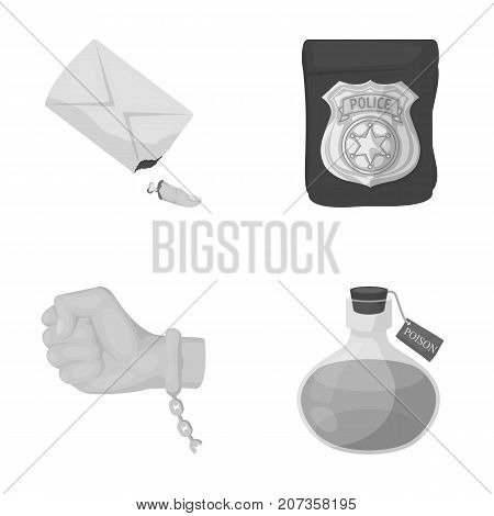 The detective's badge, the handcuff on the criminal's hand, the stump of the finger in the bag, the flask with the poison. Crime and detective set collection icons in monochrome style vector symbol stock illustration .