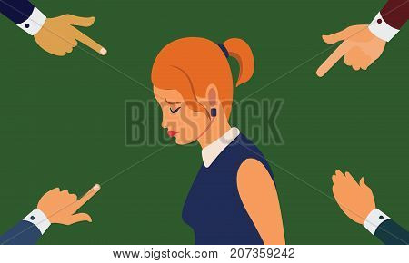 Many hands pointing the sad upset woman looking down. Mobbing, bullying at workplace concept illustration vector.
