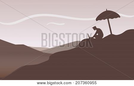 Businessman relaxing outdoor with laptop computer in a desert. Businessman with his freedom of work anywhere concept illustration vector.