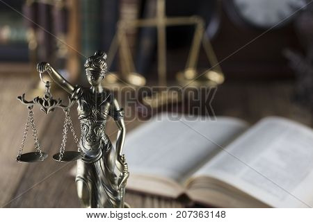 Legal system. Law and justice concept.Statue of justice and books.