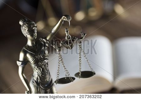 Legal system. Law and justice concept.Statue of justice and books.