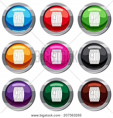 Wooden barrel with ladle set icon isolated on white. 9 icon collection vector illustration