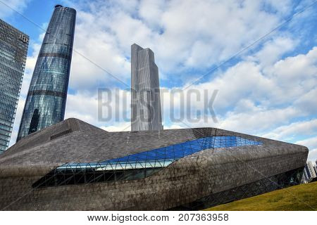 CANTON, CHINA - CIRCA JANUARY 2017: Guangzhou Opera House in Canton is a Chinese opera house designed by Iraqi architect Zaha Hadid, opened in 2010.