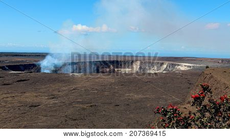 Kilauea Volcano Caldera and Crater. Plumes of smoke emitting during eruption. Hawaii