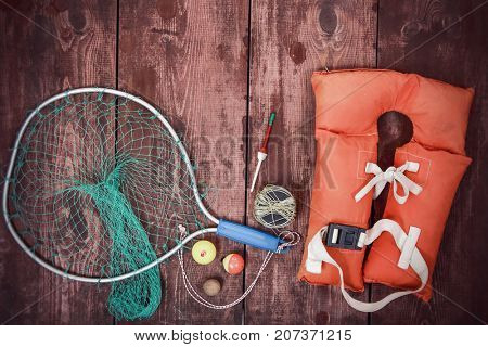 Overhead shot of Fishing and boating supplies
