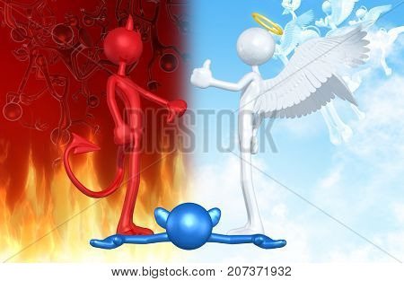 Thumbs Down Devil Thumbs Up Angel Over A Deceased Person The Original 3D Characters Illustration
