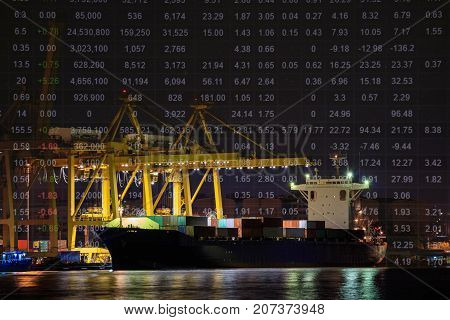 Shipping port and import export container cargo ship loading by crane. Stock price index Baltic Dry Index(BDI) background Logistics industry and transportation business concept