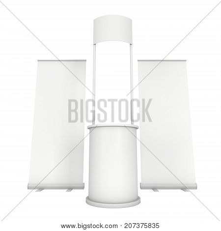 Stall or Kiosk Modern Promostand Reception Desk with roll up. Trade show booth white and blank. 3d render illustration isolated on white background. Template mockup for your expo design.