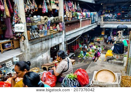 Bali, Indonesia - August 30, 2013: Pasar Kumbasari Morning market, flowers, fruit and vegetable market. Ubud, Bali, Indonesia