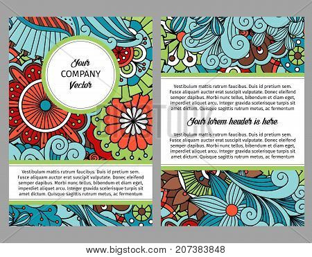 Brouchure design template for company with colorful floral ethnic pattern with leaves and swirls, vector illustration