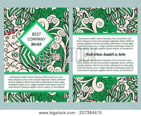 Brouchure design template for company with outline swirls and decorative elements in green and white colors, vector illustration