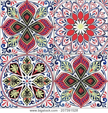 Colorful floral seamless pattern from squares with mandala in patchwork boho chic style in portuguese and moroccan motif