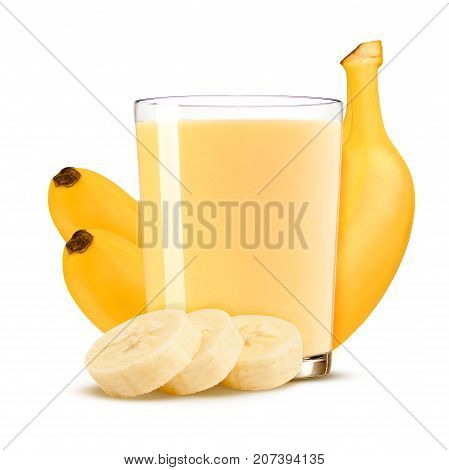 Fresh banana shake in a glass and banana pieces isolated on white background.
