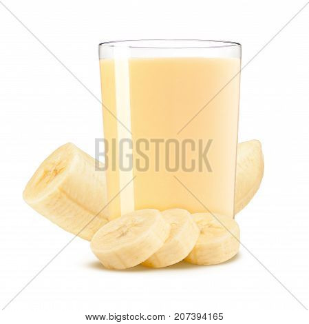 Fresh banana shake in a glass and banana pieces isolated on white background.