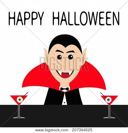 Happy Halloween. Count Dracula head face wearing black and red cape. Cute cartoon smiling vampire character fangs. Bar counter Martini glass with blood eyeball. Flat design. White background. Vector